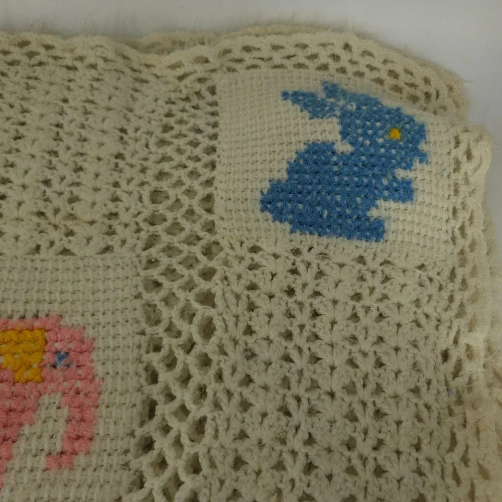 Crocheted Afghan Blanket Baby Infant Homemade White Boy Girl Animal Squares 58